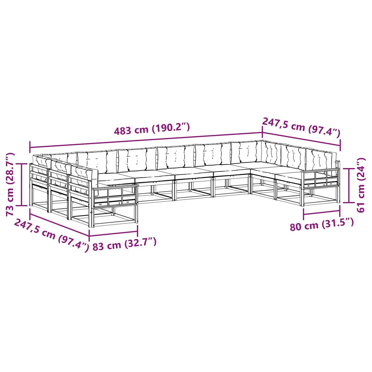 Outdoor Sectional Sofa Set with Cushions 10 Pieces Garden Patio Furniture