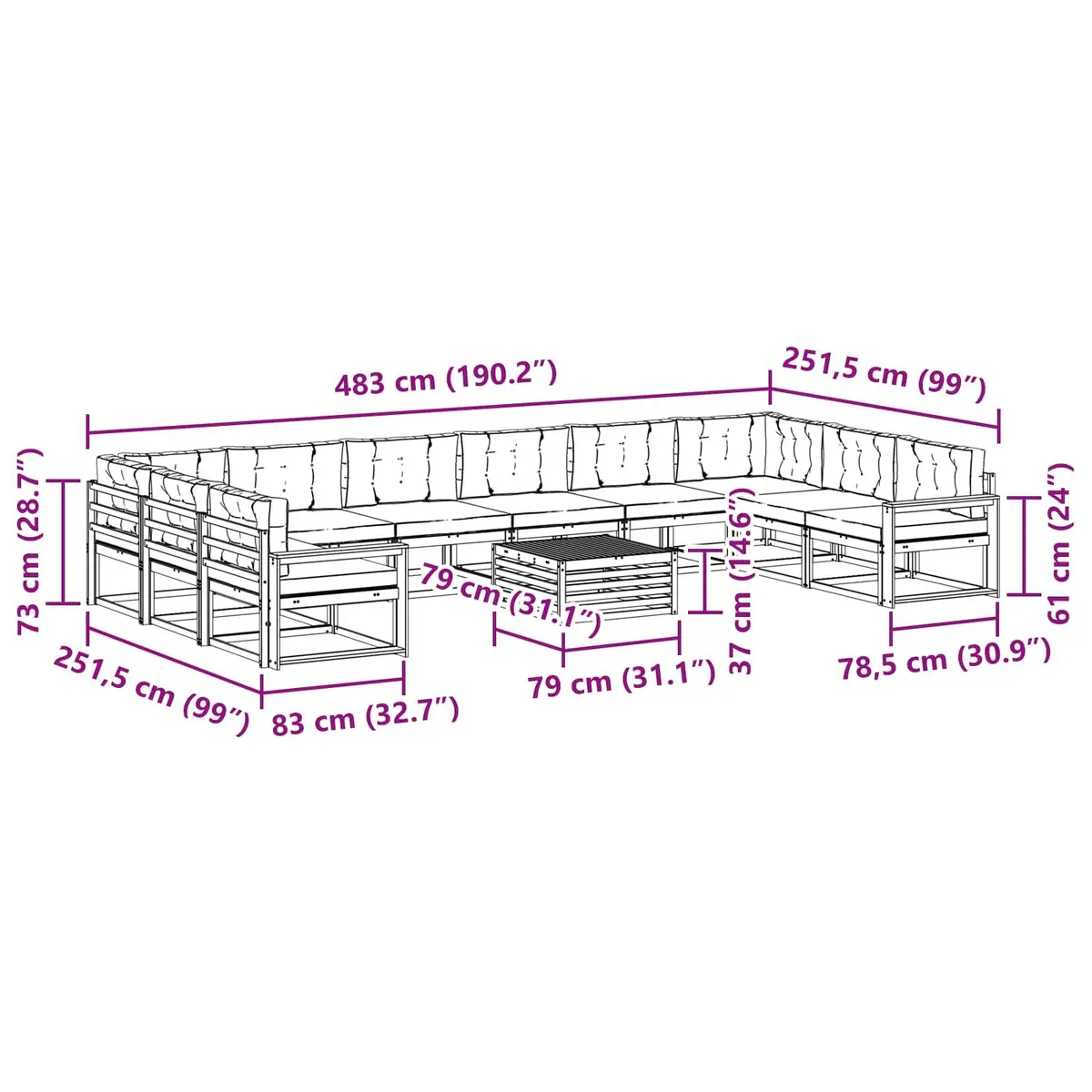 Outdoor Sectional Sofa Set 11 Piece Patio Garden Furniture Cushioned Lounge
