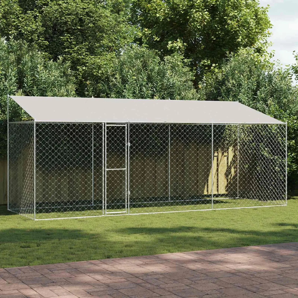 Dog Kennel Steel Frame Large Outdoor Cage with Roof Silver