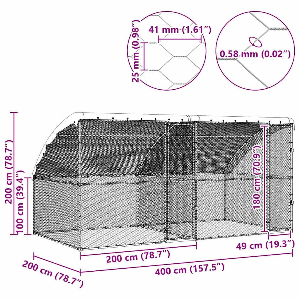 Chicken Cage Galvanised Steel Metal 400 x 200 x 200 cm Silver 2 Piece Outdoor Poultry Enclosure