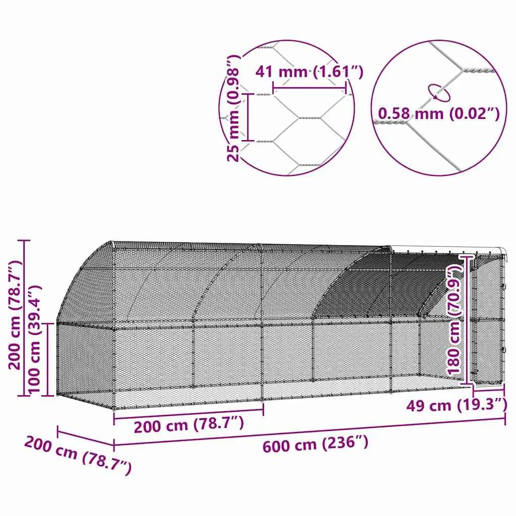 Chicken Cage Steel PE 600x200x200cm Silver 3 Piece Outdoor Poultry Run Pen
