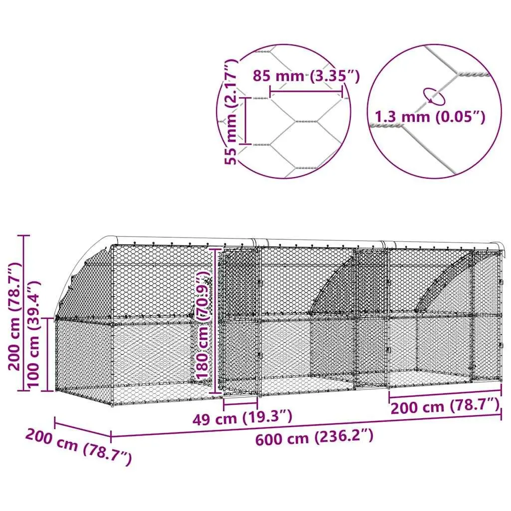 Dog Kennel Galvanised Steel 6 x 2 x 2 m Silver 3 Piece Outdoor Enclosure
