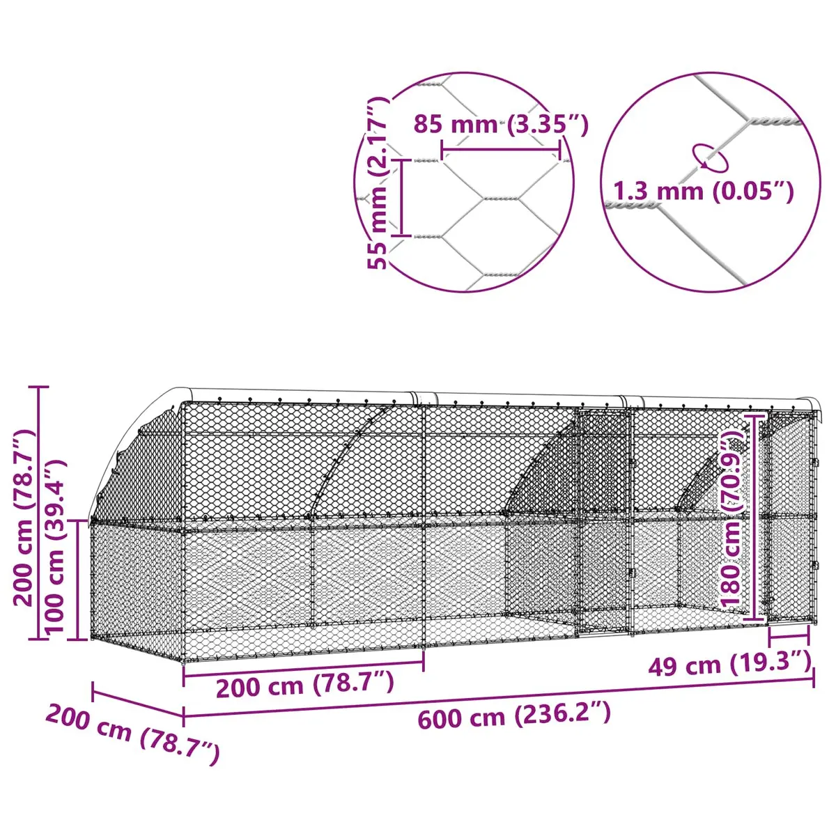 Dog Kennel 3 pcs Silver 6 x 2 x 2 m Outdoor Pet Run Enclosure Galvanised Steel
