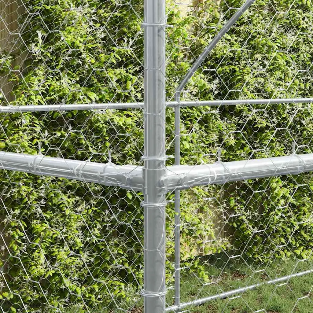 Dog Kennel Outdoor Galvanised Steel 4x2x2m Silver 2 Piece Enclosure with Lockable Door