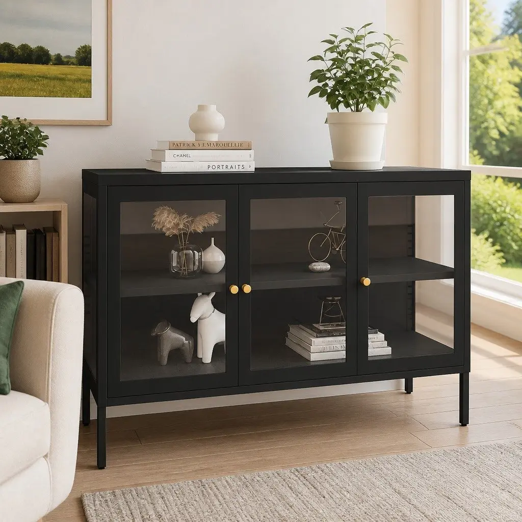 Sideboard Steel Frame Glass Door 105x35x70 cm Black Storage Cabinet