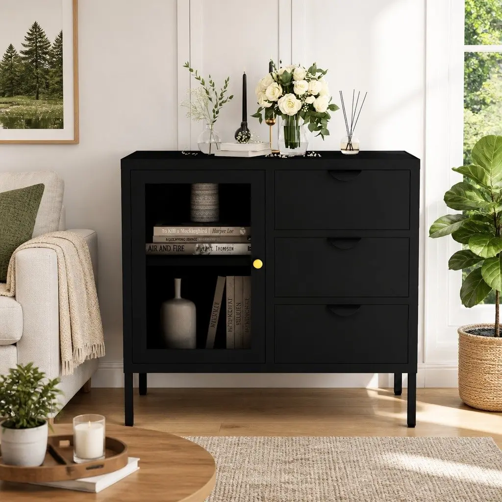 Sideboard Steel Tempered Glass 75x35x70 cm Black Storage Cabinet Adjustable Shelf Drawers