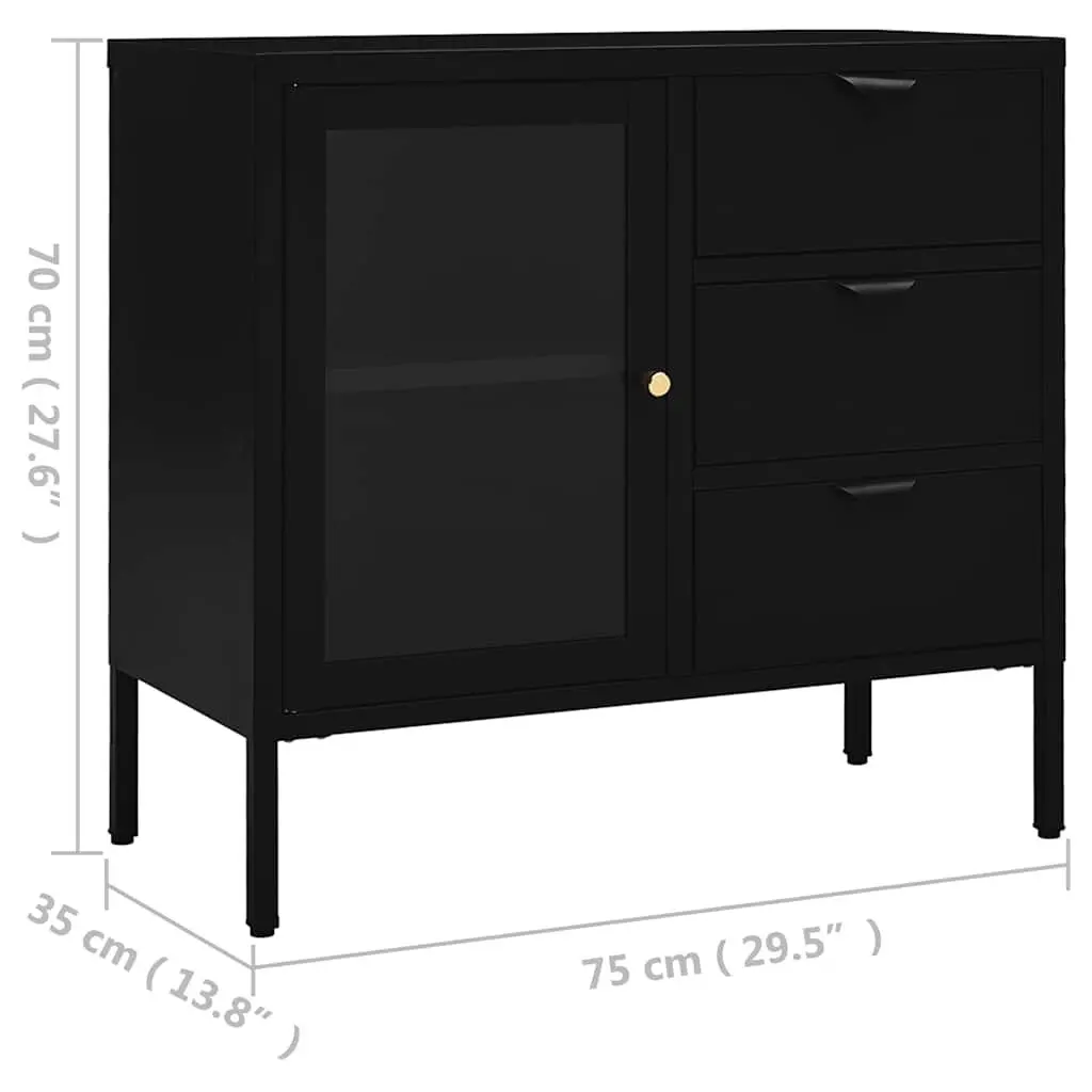 Sideboard Steel Tempered Glass 75x35x70 cm Black Storage Cabinet Adjustable Shelf Drawers