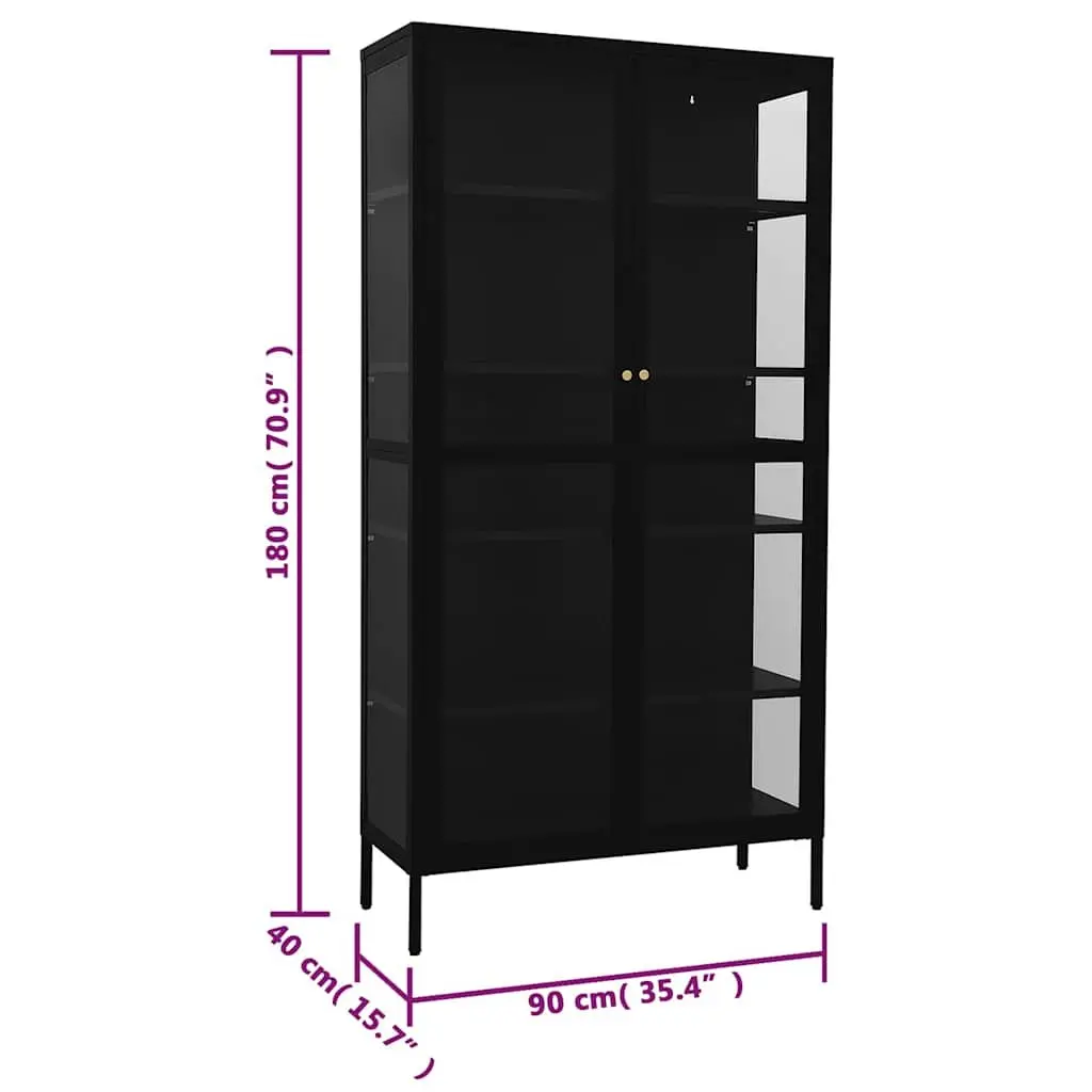 Black Display Cabinet Steel Tempered Glass 90x40x180cm with Four Adjustable Storage Shelves