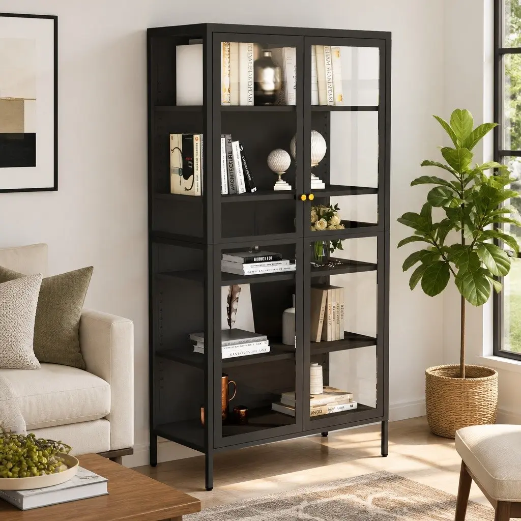 Anthracite Display Cabinet with Adjustable Shelves Steel Frame Tempered Glass 90W x 40D x 180H cm Home Storage Unit