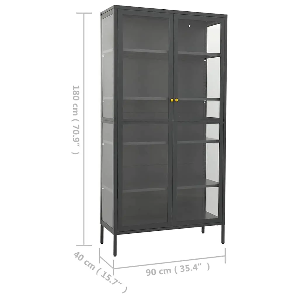 Anthracite Display Cabinet with Adjustable Shelves Steel Frame Tempered Glass 90W x 40D x 180H cm Home Storage Unit