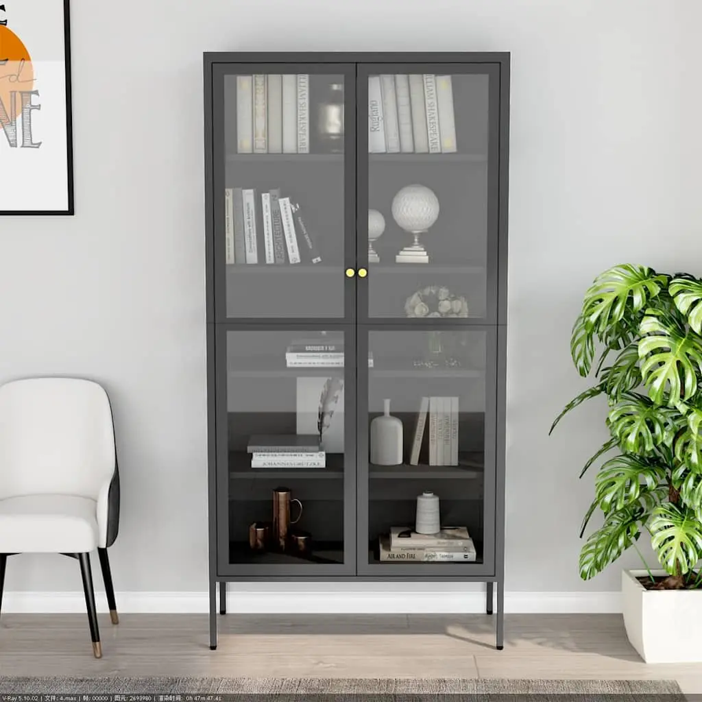Anthracite Display Cabinet with Adjustable Shelves Steel Frame Tempered Glass 90W x 40D x 180H cm Home Storage Unit