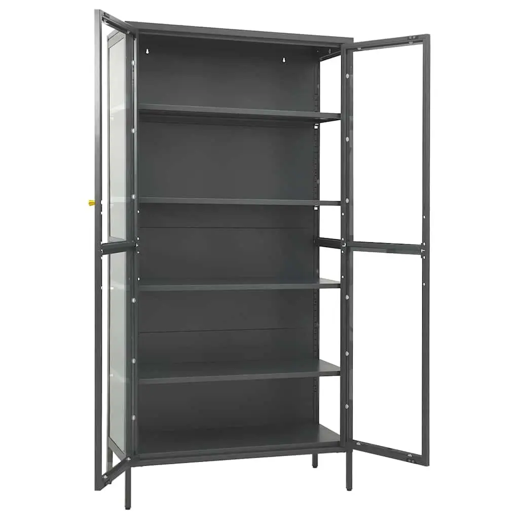 Anthracite Display Cabinet with Adjustable Shelves Steel Frame Tempered Glass 90W x 40D x 180H cm Home Storage Unit
