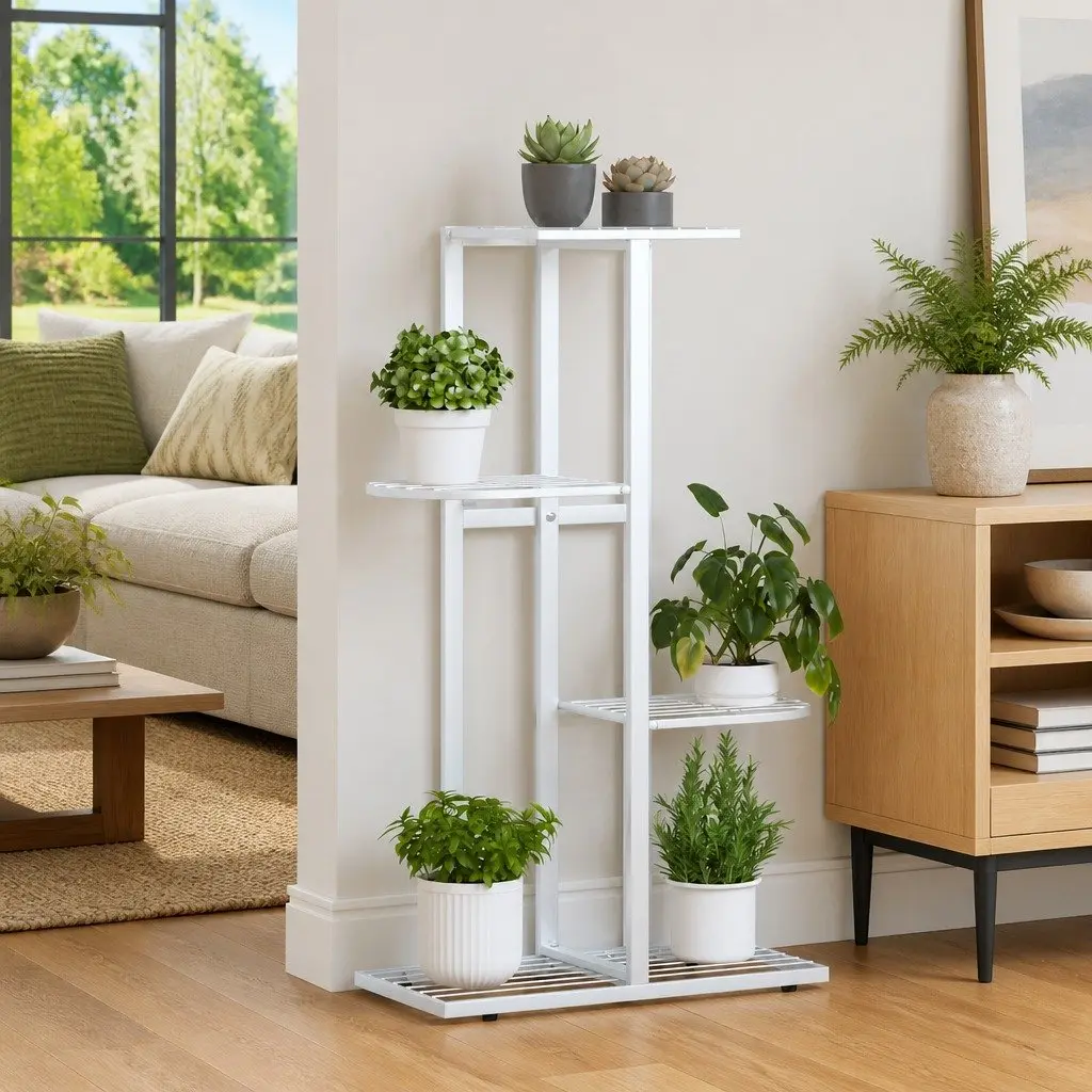 Metal Plant Stand 4-Tier White Display Shelf for Home Garden Decoration 43x22x76cm