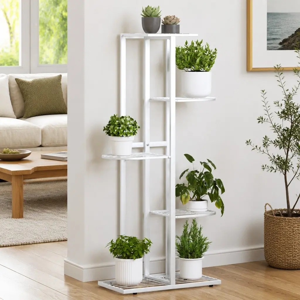 Metal Plant Stand 5-Tier White Sturdy Indoor Outdoor Display Rack 43x22x98cm