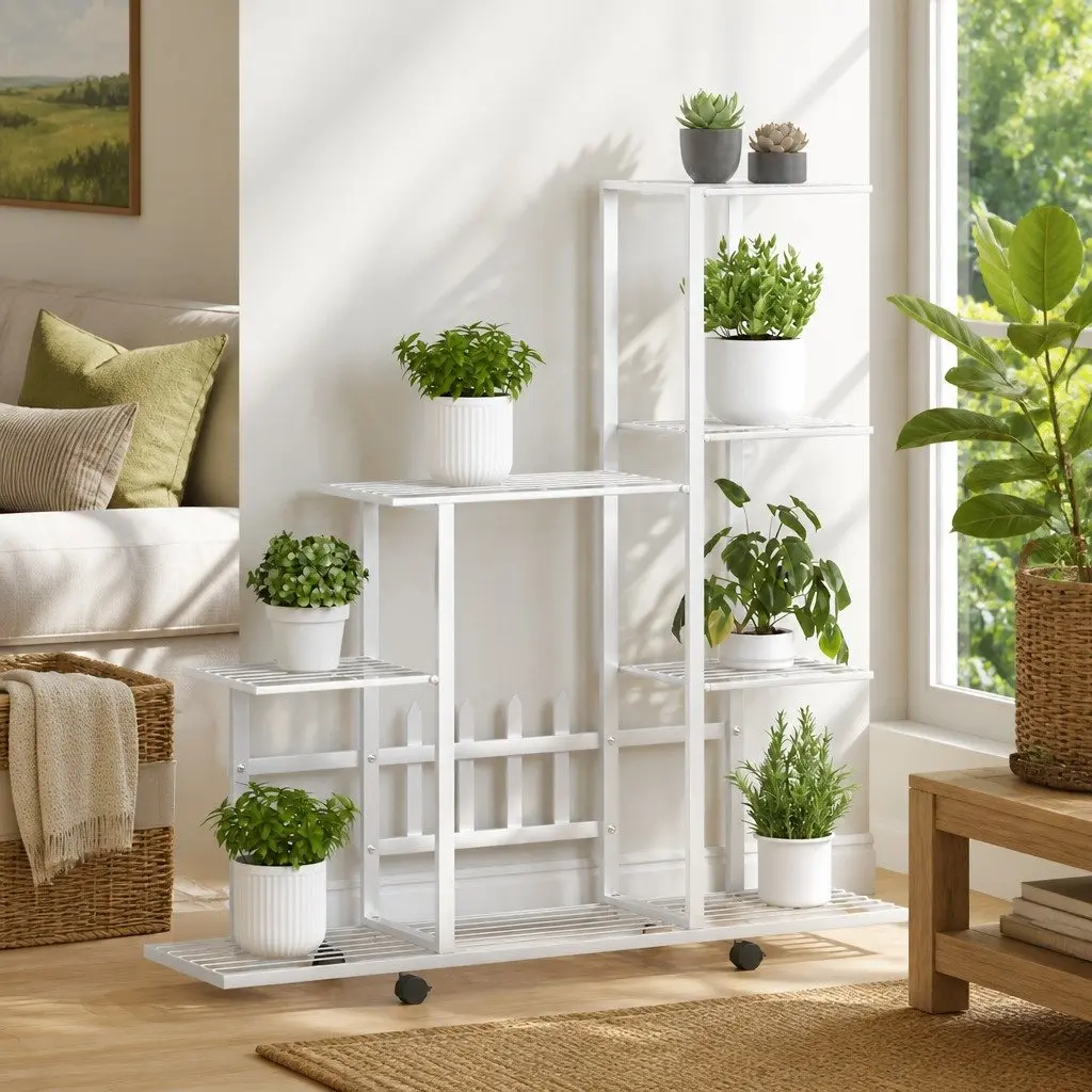 Plant Stand Metal White with Wheels 94.5 x 25 x 92.5 cm Display Rack for Indoor Outdoor Garden Decor