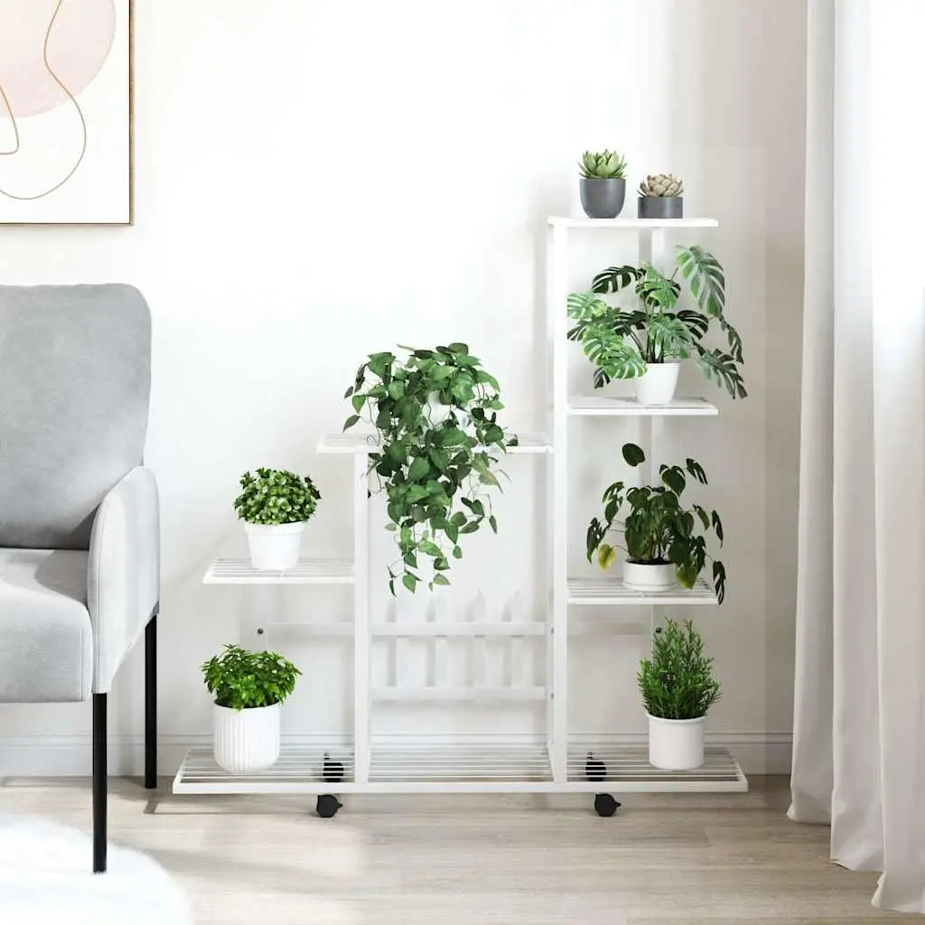 Plant Stand Metal White with Wheels 94.5 x 25 x 92.5 cm Display Rack for Indoor Outdoor Garden Decor