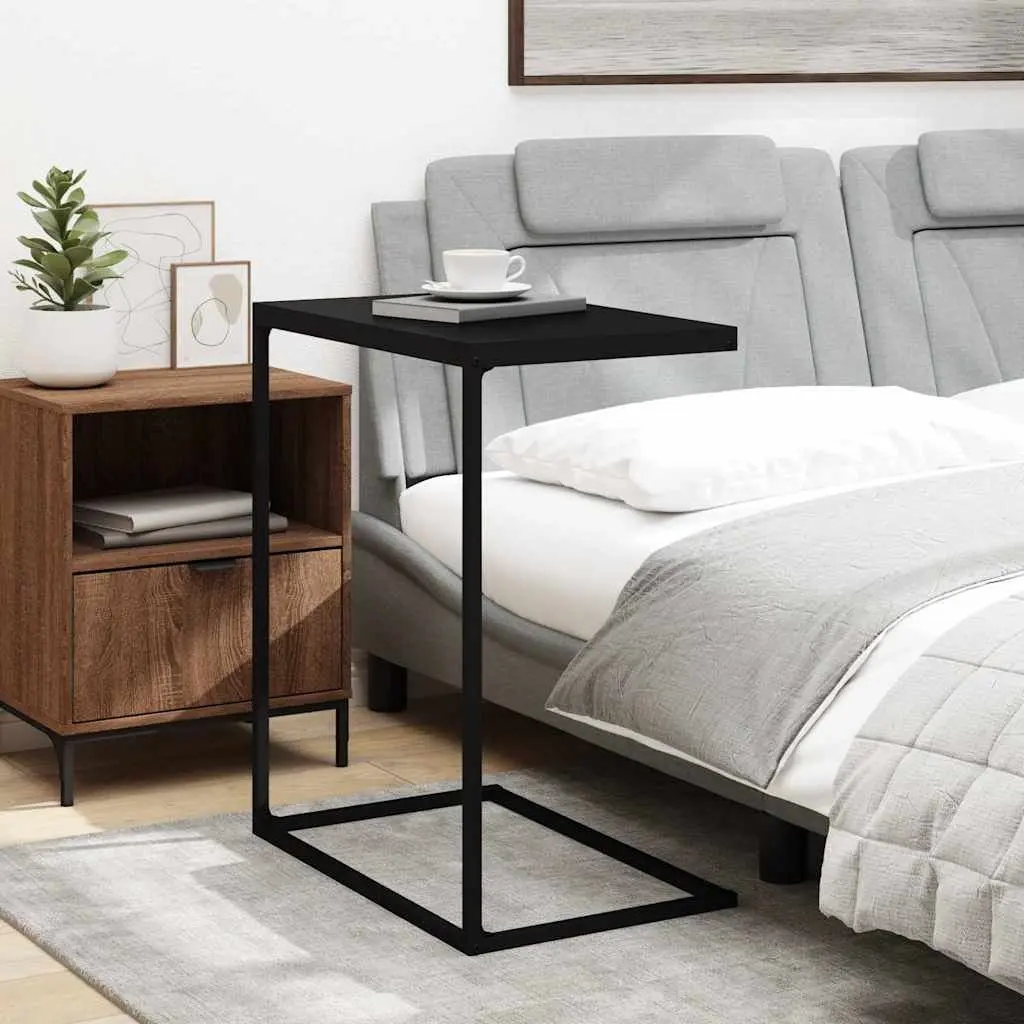 C Shaped Side Table Black Iron and Engineered Wood Living Room Accent Furniture 55W x 35D x 66H cm
