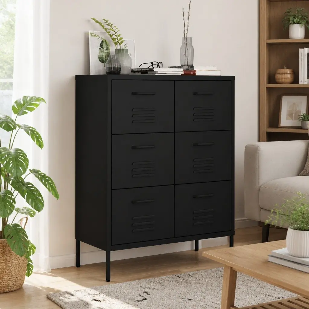 Storage Cabinet Steel 6 Drawer Black 80W x 35D x 101.5H cm