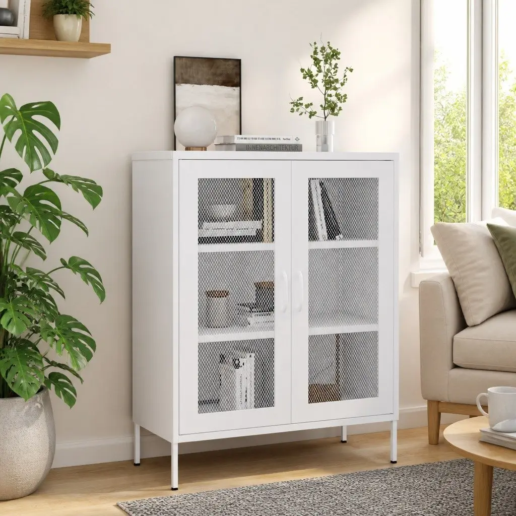 Storage Cabinet White Steel Frame 2 Mesh Doors Adjustable Shelves Home Furniture