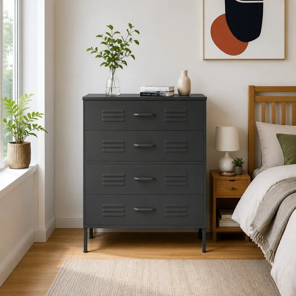 Anthracite Steel Frame Chest of Drawers 80cm Width 35cm Depth 101.5cm Height