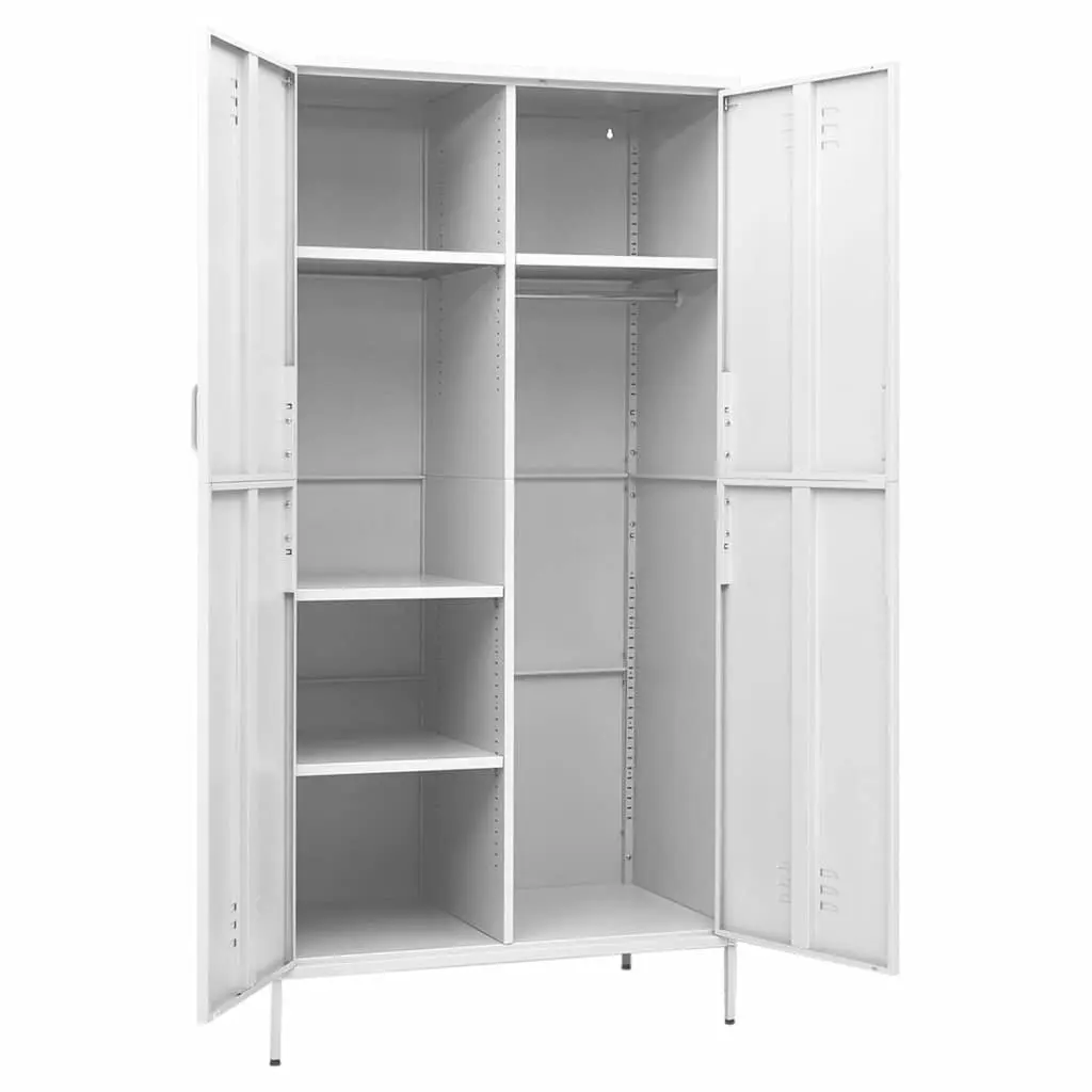White Steel Wardrobe Cupboard 4 Shelves Hanging Rod Storage Cabinet Organiser