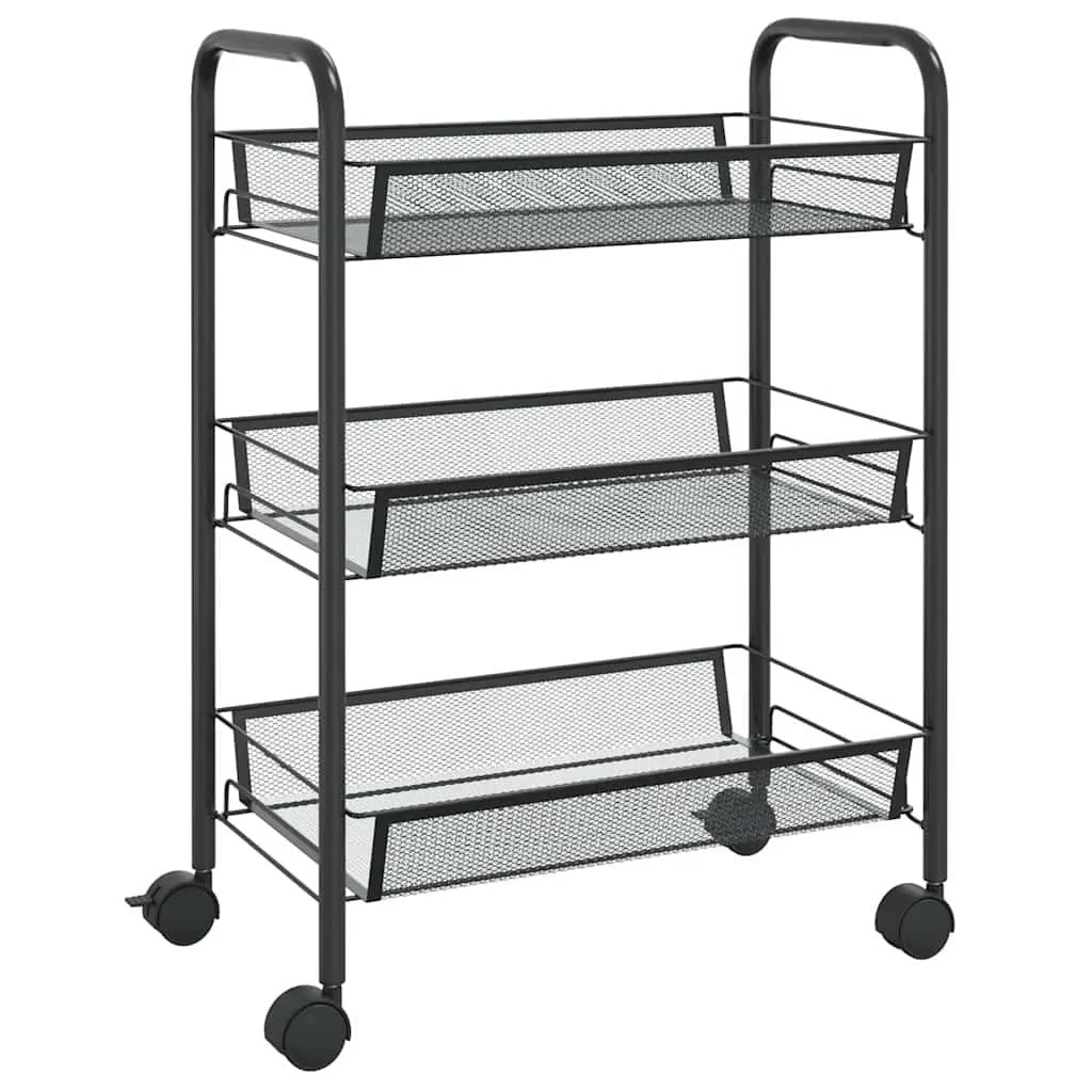 3-Tier Kitchen Trolley Iron Black Storage Cart with Removable Mesh Baskets