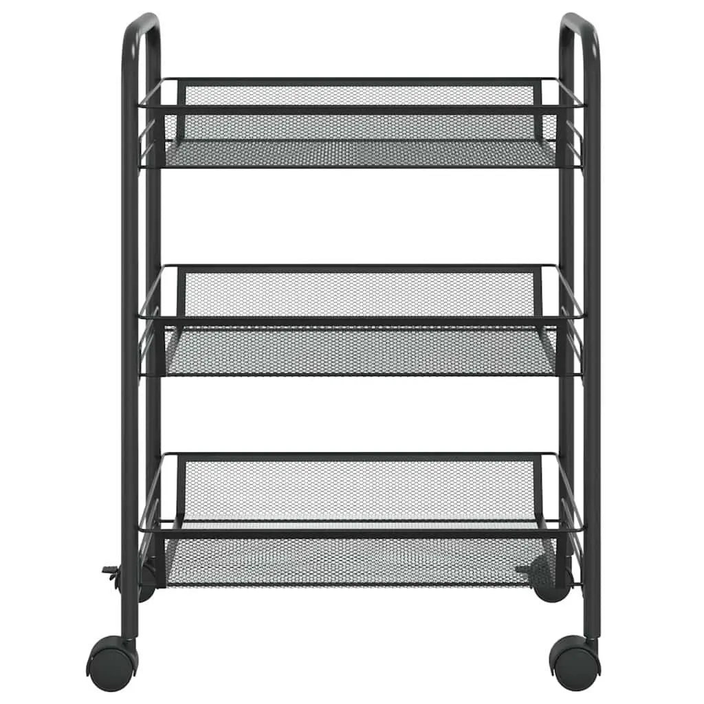 3-Tier Kitchen Trolley Iron Black Storage Cart with Removable Mesh Baskets