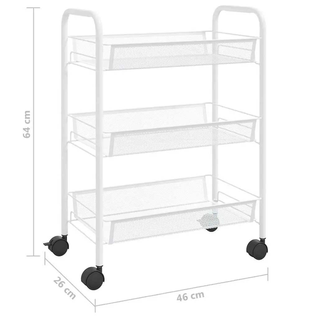 3-Tier Kitchen Trolley Iron White Storage Cart Organiser Mesh Baskets Wheels