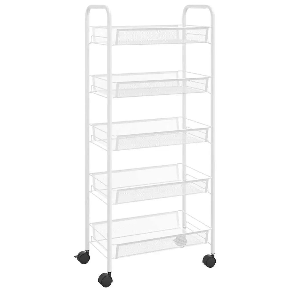 5-Tier Kitchen Trolley Iron White Storage Cart with Removable Mesh Baskets