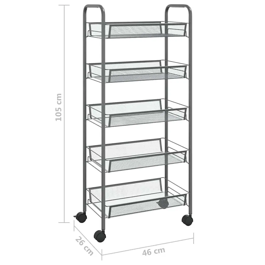 5-Tier Iron Kitchen Trolley Grey Storage Cart Organiser with Removable Baskets and Wheels