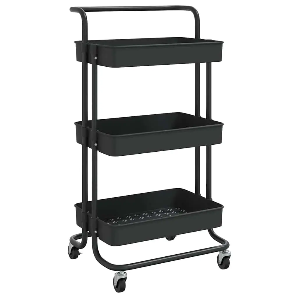 3TierStorageCartKitchenTrolleywithRemovableBasketsBlackABSPlasticIron42x35x85cmWheelsandHandle