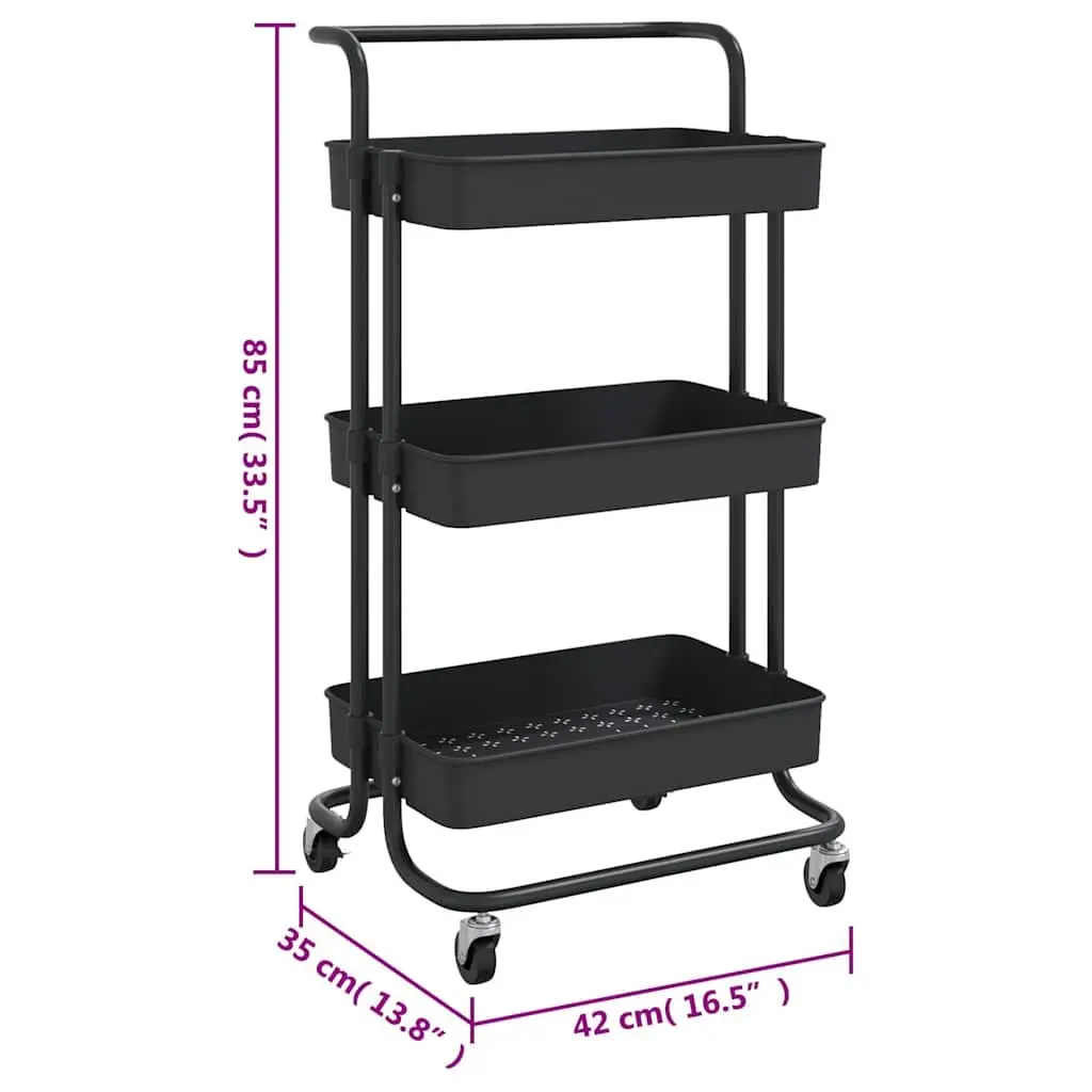 3TierStorageCartKitchenTrolleywithRemovableBasketsBlackABSPlasticIron42x35x85cmWheelsandHandle