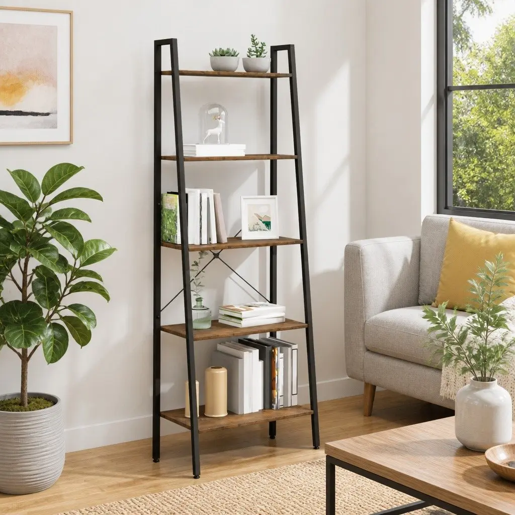 5-Tier Standing Shelf Steel Dark Brown Black Storage Bookcase 56W x 35D x 174H cm
