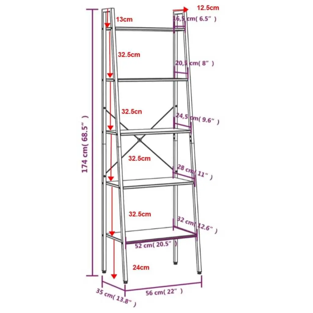5-Tier Standing Shelf Steel Dark Brown Black Storage Bookcase 56W x 35D x 174H cm