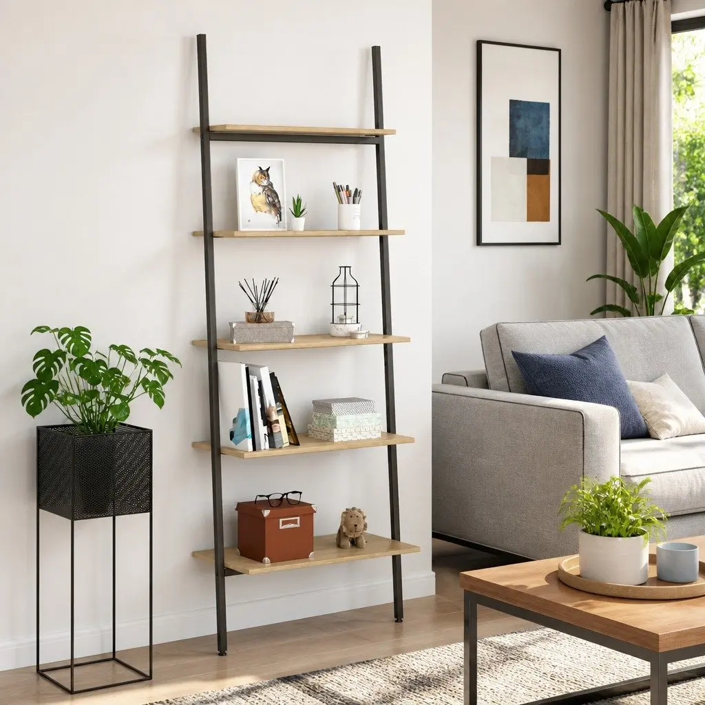 5-Tier Leaning Shelf Steel Frame Brown Black Storage Bookcase