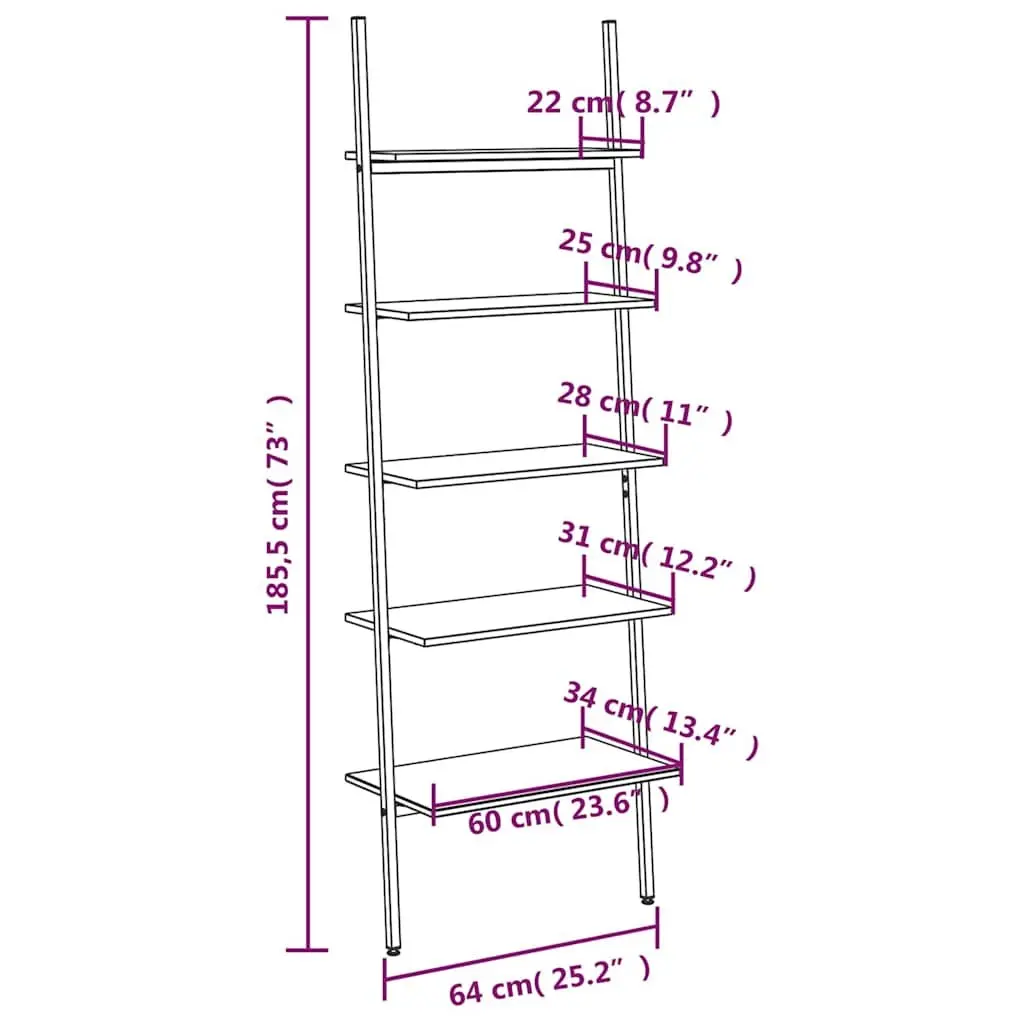 5-Tier Leaning Shelf Steel Frame Brown Black Storage Bookcase