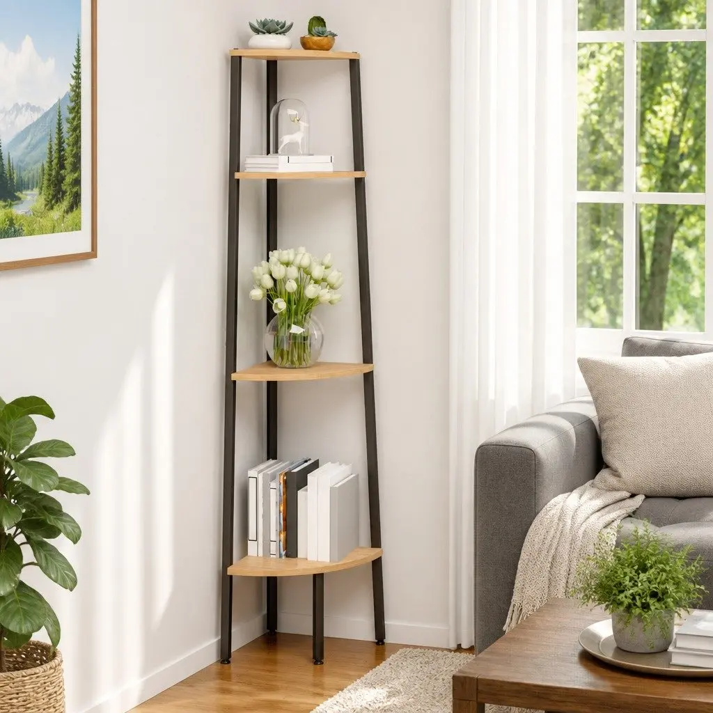 4-Tier Corner Shelf Unit Steel Frame 45.5 x 31.5 x 150 cm Brown and Black