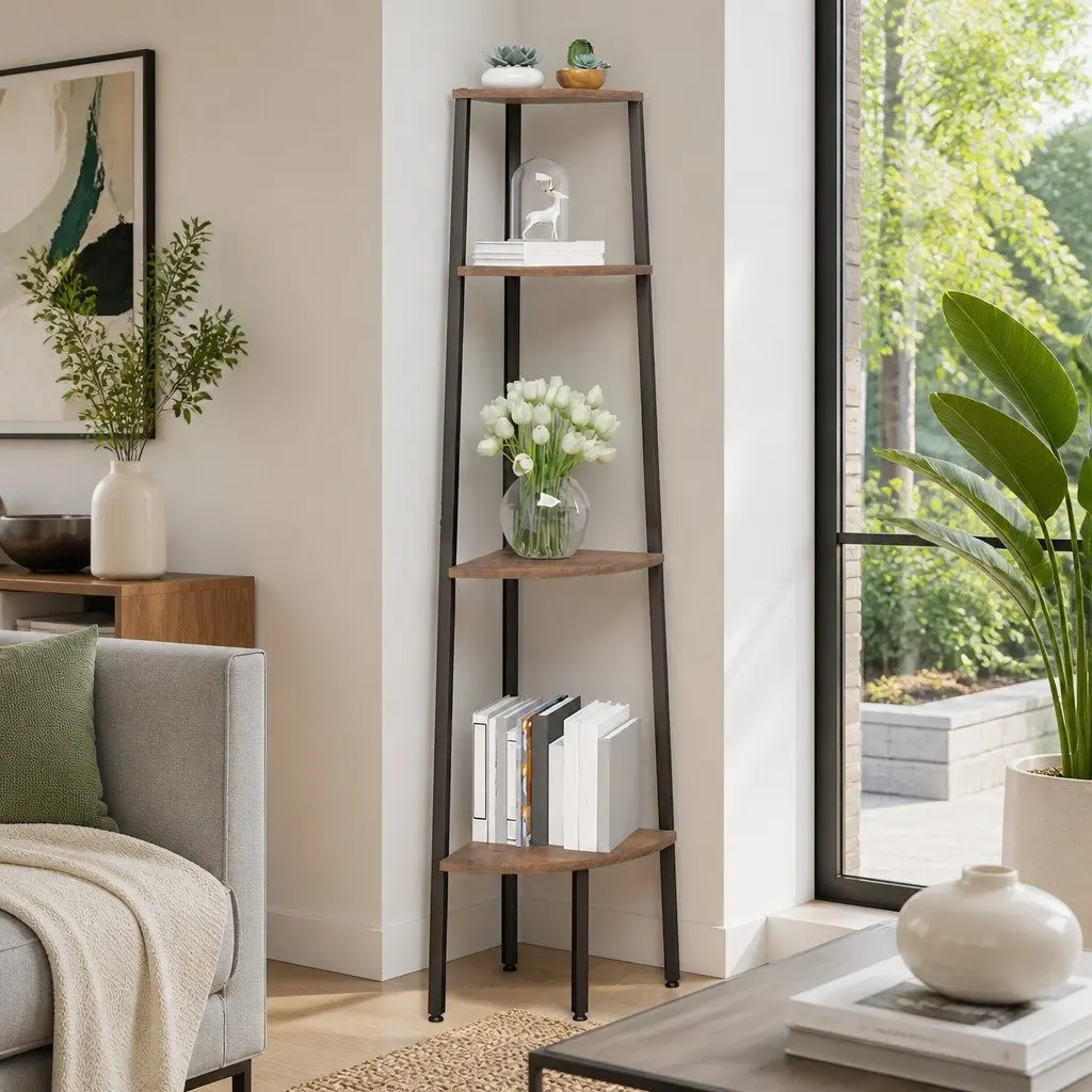 4TierCornerShelfSteelStorageDarkBrownBlack150cmHeightSpaceSavingDesign