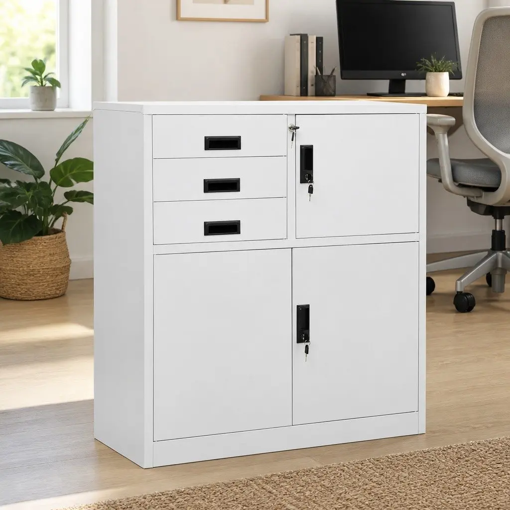 Office Storage Cabinet Steel 90x40x102cm Grey Adjustable Shelf Drawers