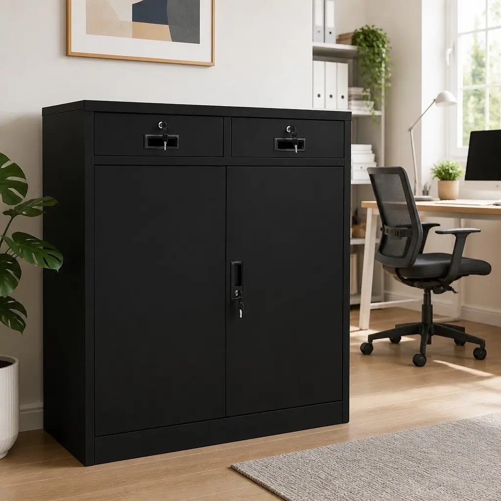 Steel Office Storage Cabinet Black 90x40x102cm Organizer with Adjustable Shelves and Smooth Drawers