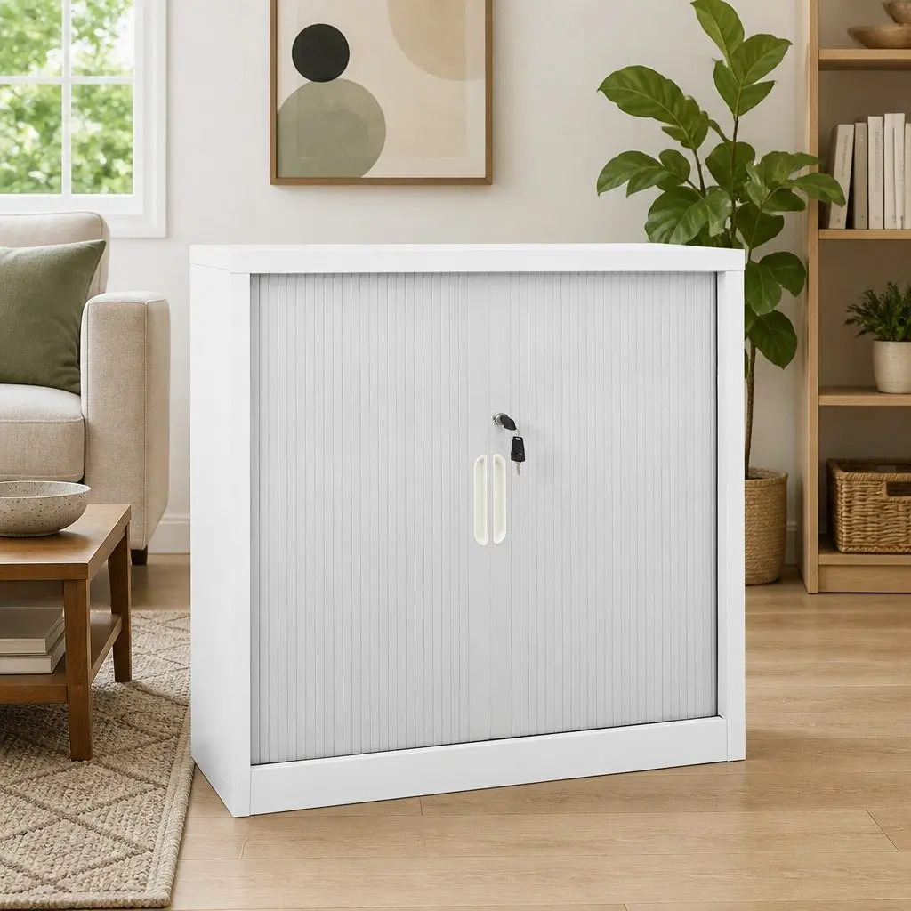 Grey Steel Sliding Door Storage Cabinet with Adjustable Shelves 90x40x90cm