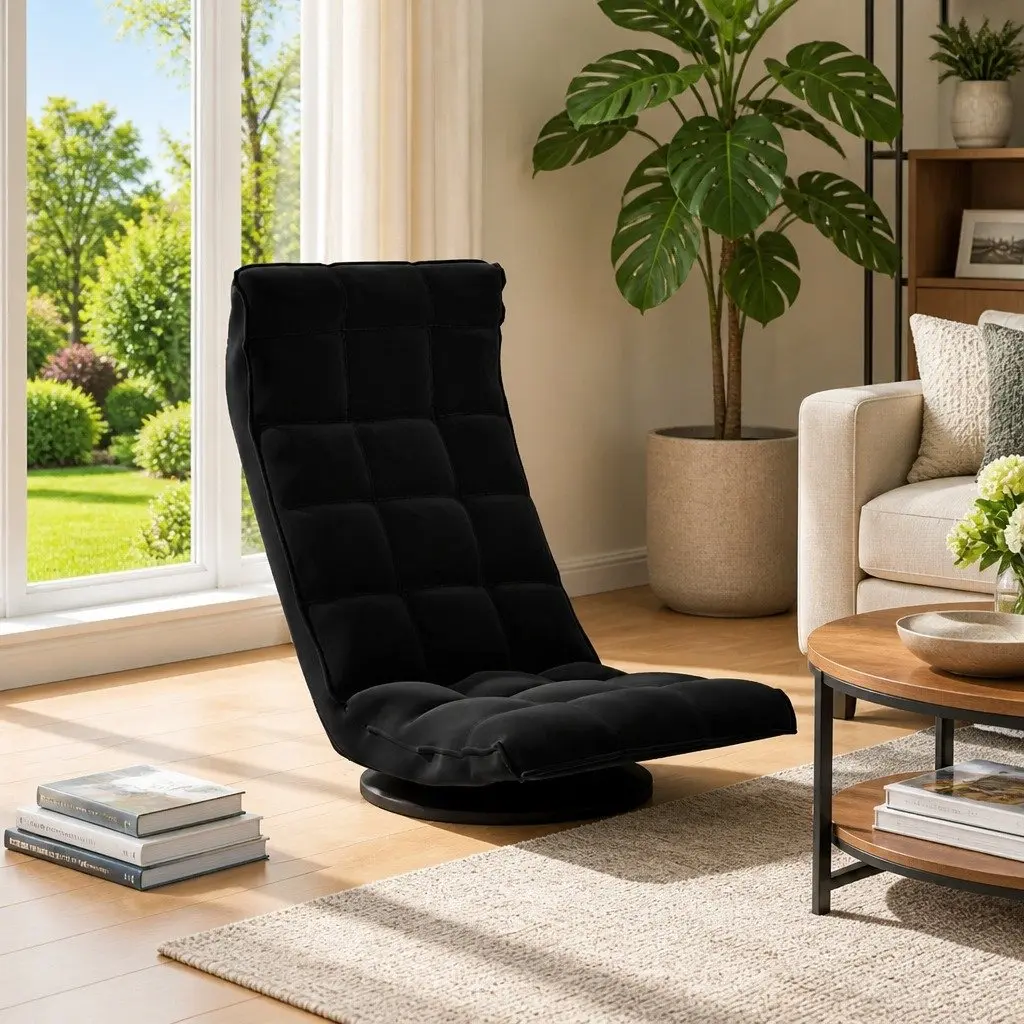 Swivel Floor Chair Metal Frame Black Velvet Padded Foam 5-Angle Adjustable