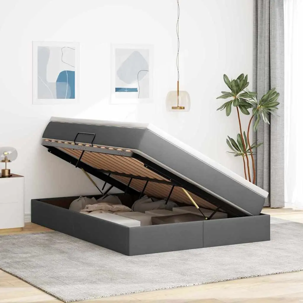 Storage Bed with Mattress Metal Frame Polyester Cover 152 x 203 cm Grey