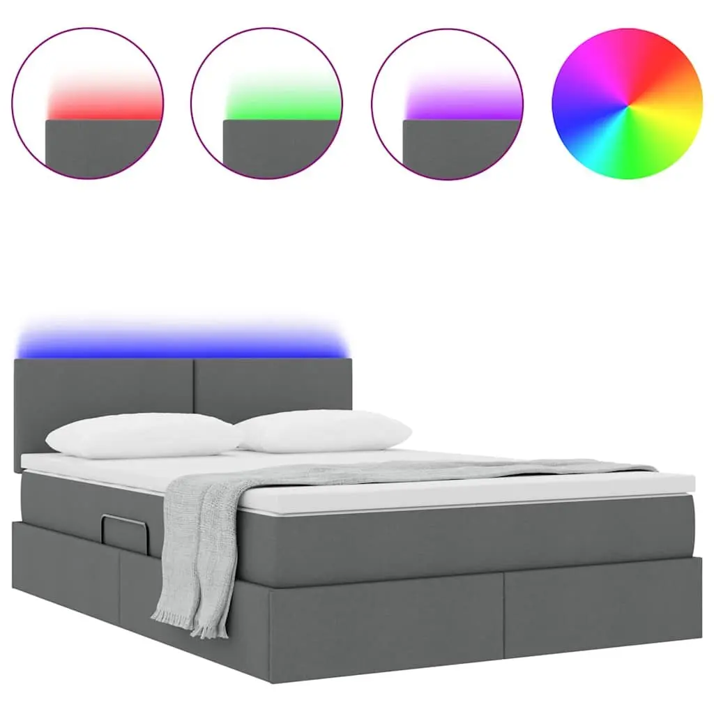 Storage Bed Dark Grey 152x203cm Upholstered Frame Gas Lift with Mattress and USB Powered LED Lighting