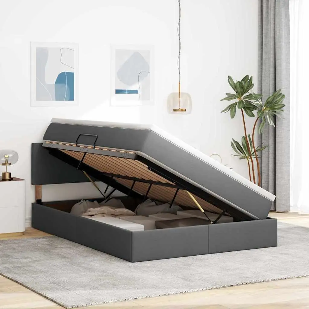Storage Bed Dark Grey 152x203cm Upholstered Frame Gas Lift with Mattress and USB Powered LED Lighting
