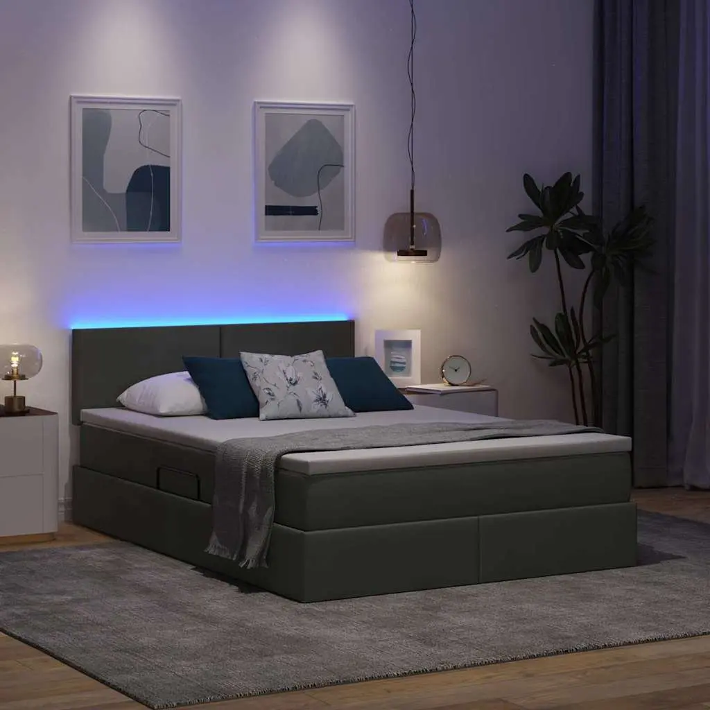 Storage Bed Dark Grey 152x203cm Upholstered Frame Gas Lift with Mattress and USB Powered LED Lighting