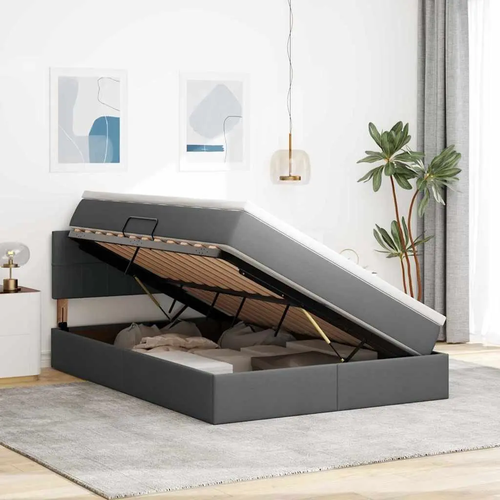 Storage Bed with Mattress Upholstered Frame 152 x 203 cm Dark Grey