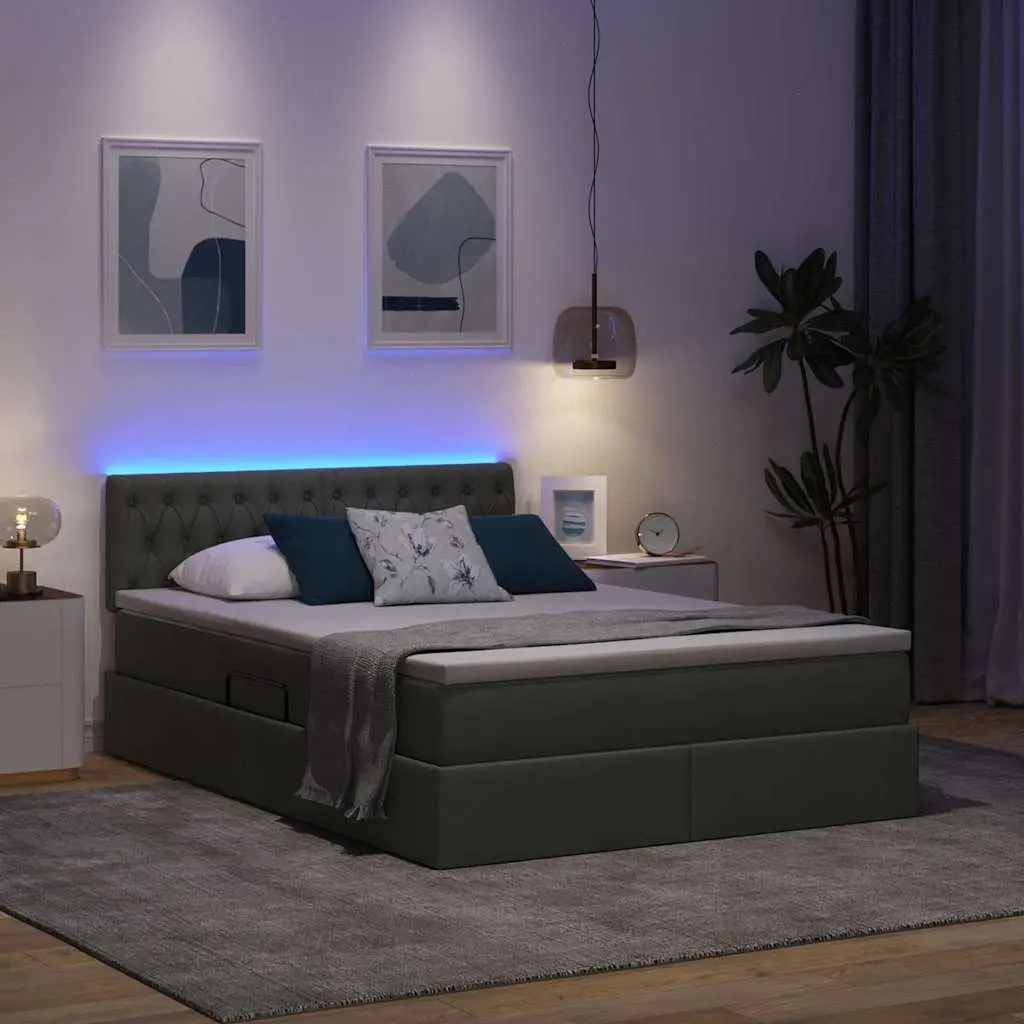 Storage Bed Dark Grey 152x203cm with Adjustable Headboard Gas Lift Under Bed Storage and Integrated LED Lighting