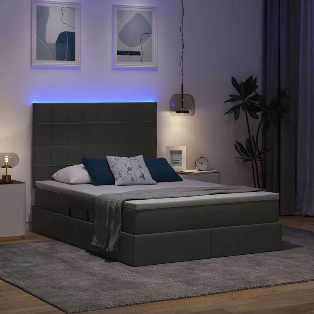 LED Storage Bed with Mattress Dark Grey 152 x 203 cm Upholstered Frame Bedroom