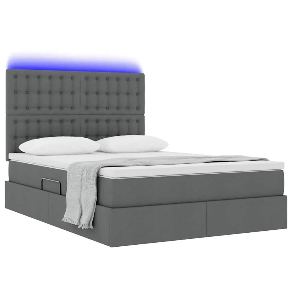 LED Storage Bed with Mattress Dark Grey Queen Size Upholstered Headboard